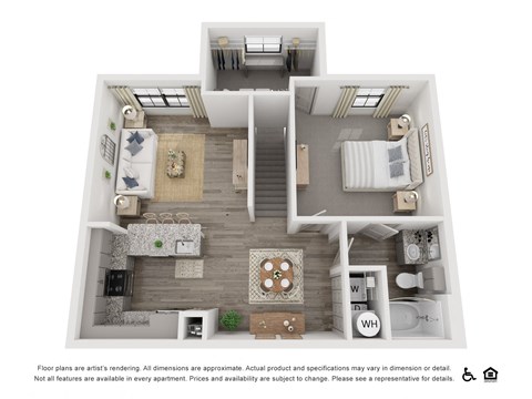 Floor plan for 1 bed, 1 bath, 889 sqft
